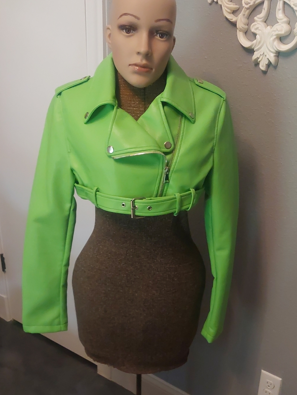 Daisy Lime Cropped Leather Moto Jacket with Belt